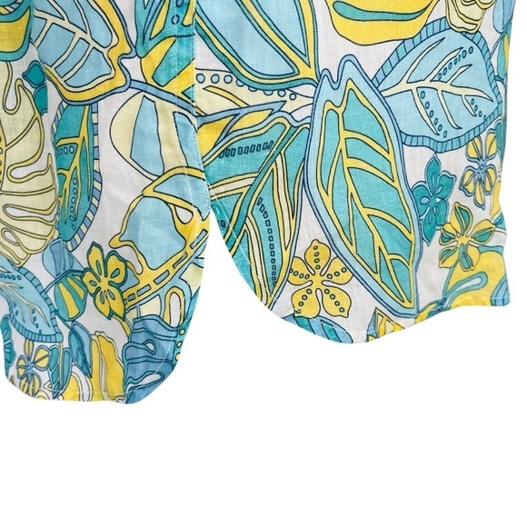 J McLaughlin Women’s Linen Shirt Aqua Yellow Tropical Print Button Down NWT $188 - Picture 11 of 15